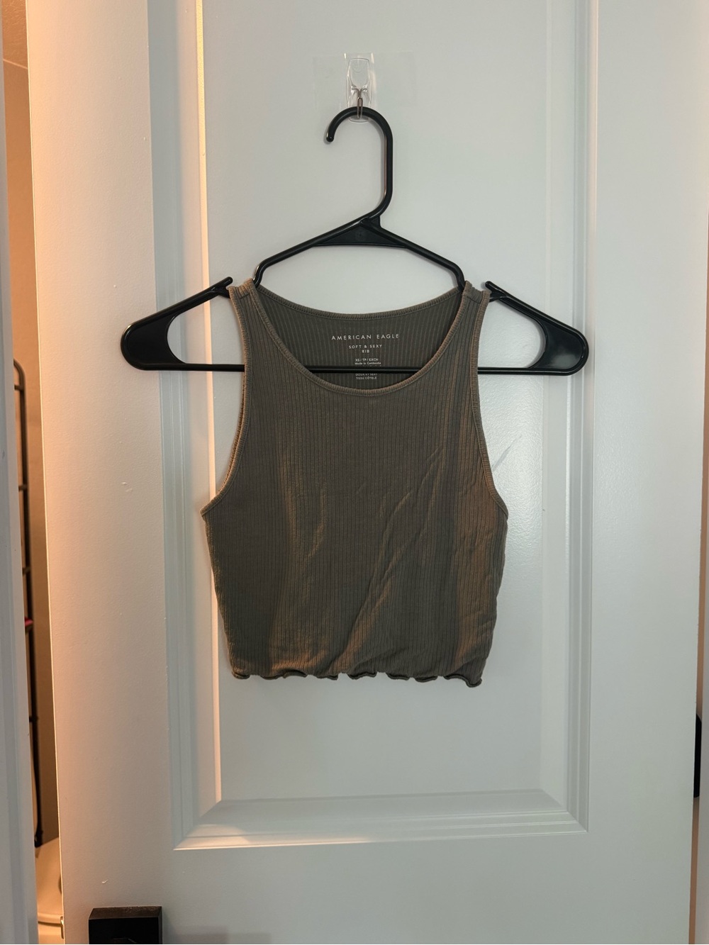 American Eagle Outfitters Olive Ribbed High-Neck Crop Tank